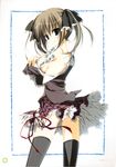  absurdres black_legwear blue_eyes body_writing breasts brown_hair cowboy_shot frilled_skirt frills highres inugami_kira medium_breasts no_bra off_shoulder school_uniform seitokai_no_ichizon shiina_minatsu sideboob skirt solo thighhighs undressing 