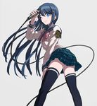  black_legwear blue_eyes blue_hair danganronpa danganronpa_1 grey_background hair_ornament hairclip long_hair long_sleeves maizono_sayaka microphone one_eye_closed skirt smile solo thighhighs very_long_hair yamatakabou 