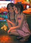  blurry braid brown_eyes brown_hair collarbone copyright_request depth_of_field dress fireworks flat_chest grin hands_on_own_knees highres multiple_girls murata_renji out_of_frame sandals scan senkou_hanabi smile sparkler squatting sundress twin_braids two_side_up 