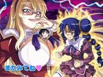  &gt;_&lt; 1boy 2girls artist_request blonde_hair blue_eyes blue_hair breasts chibi cleavage eyes_closed fire freezing_(series) glasses kazuya_aoi large_breasts lightning multiple_girls open_mouth rana_linchen satellizer_el_bridget tears 