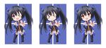  &gt;_&lt; :3 bare_shoulders black_hair black_legwear boots breasts chibi cleavage closed_eyes hair_ornament highres kazenokaze long_hair medium_breasts neptune_(series) noire one_eye_closed open_mouth red_eyes thigh_boots thighhighs twintails w x3 