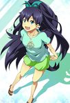  aqua_eyes black_hair fang full_body ganaha_hibiki hands_together highres idolmaster idolmaster_(classic) kizen3 long_hair open_mouth ponytail ribbon sandals shadow shorts simple_background slippers solo 