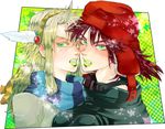  bad_id bad_pixiv_id blonde_hair bomber_hat caesar_anthonio_zeppeli derivative_work facial_mark feathers genderswap genderswap_(mtf) green_eyes hair_feathers hat headband jojo_no_kimyou_na_bouken joseph_joestar_(young) lipstick long_hair makeup michiru_(amphibian) multiple_girls parody purple_hair 