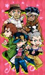  bad_id bad_pixiv_id blue_eyes boston_terrier chibi dark_skin dark_skinned_male dog green_eyes hat highres iggy_(jojo) jean_pierre_polnareff jojo_no_kimyou_na_bouken joseph_joestar kakyouin_noriaki kuujou_joutarou megu_(megu-milk) mohammed_avdol multiple_boys red_eyes terrier_(dog) yellow_eyes 