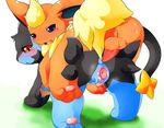  all_fours anus balls blue_eyes blush cum cum_in_pussy cum_inside eeveelution erection female flareon grass japanese_text looking_back luxray male nintendo open_mouth penis pok&#233;mon pok&eacute;mon pussy red_eyes smile text tomcat_in_sky video_games 