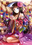  absurdres bangs bare_shoulders black_hair blue_eyes blunt_bangs breasts cherry_blossoms cleavage copyright_request floral_print flower fuji_choko hair_flower hair_ornament highres japanese_clothes kimono long_hair medium_breasts obi parted_lips petals sash scan seiza sidelocks sitting solo 