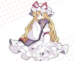  age_regression blonde_hair commentary dress hammer_(sunset_beach) hat lolikari long_hair looking_at_viewer oversized_clothes purple_eyes sleeves_past_wrists solo sweatdrop touhou white_dress wide_sleeves yakumo_yukari younger 