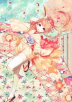  bad_id bad_pixiv_id brown_hair closed_fan fan floral_print flower folding_fan hair_flower hair_ornament hexagon japanese_clothes kikumon kimono long_hair original petals purple_eyes sandals seigaiha short_kimono smile solo thighhighs toeless_legwear toenail_polish 