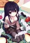 absurdres bare_shoulders black_eyes black_hair black_legwear breasts cleavage copyright_request cream food food_on_body food_on_face fork fruit highres in_food loafers long_hair looking_at_viewer medium_breasts minamura_haruki minigirl navel pantyhose pasta plaid plaid_skirt pleated_skirt scan shoes single_shoe sitting skirt smile solo strawberry wariza 