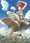  absurdres aircraft airplane angry ankle_lace-up armpits bangs barefoot blunt_bangs breasts building city clenched_hand cloud condensation_trail cross-laced_footwear day destruction dirty_feet dress eichikei_(hakuto) eyebrows_visible_through_hair feet giantess hand_up highres leg_up looking_down magi_the_labyrinth_of_magic medium_breasts morgiana parted_lips purple_eyes purple_hair red_hair soles toes white_dress 