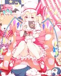  bat_wings blonde_hair book bow character_doll checkered crescent dress flandre_scarlet hat hat_bow highres knees_together_feet_apart legs long_hair looking_at_viewer mikoma_sanagi patchouli_knowledge pillow purple_eyes purple_hair red_eyes remilia_scarlet revision short_hair short_sleeves side_ponytail sitting solo star stuffed_animal stuffed_cat stuffed_toy stuffing teddy_bear touhou wings 