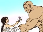 1girl abs bald black_hair blush braid child extra eyepatch flower hand_wraps imminent_hug long_hair muscle outstretched_arms sagat scar size_difference smile spring_rain street_fighter 