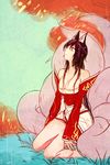  ahri animal_ears fox_ears fox_tail hooreng league_of_legends long_hair rain red_eyes solo tail 