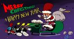  adapted_costume alex_ahad avery_(skullgirls) capelet christmas cigar coal eye_socket flying george_the_bomb gloves glowing grin happy_new_year hat lab_zero_games mechanical_arms merry_christmas new_year official_art orange_hair peacock_(skullgirls) red_eyes red_nose sack santa_costume sharp_teeth short_hair skullgirls sled smile smoking teeth top_hat white_gloves 