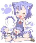  :&lt; :3 =_= \(^o^)/ animal_ears arms_up bloomers blue_dress blue_eyes blue_hair cat_ears cat_tail child cirno closed_eyes dress fang hair_ornament hairclip highres ice ice_wings kemonomimi_mode looking_at_viewer makuran mother_and_daughter multiple_girls o_o one_eye_closed open_mouth paw_pose paw_print puffy_sleeves shirt short_sleeves simple_background sitting smile tail touhou underwear wariza white_background wings |_| 
