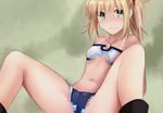  ankle_boots bandeau blonde_hair blush boots breasts crying crying_with_eyes_open cutoffs denim denim_shorts digital_dissolve dissolving_clothes fate/apocrypha fate/extra fate/extra_ccc fate_(series) green_eyes jewelry long_hair looking_at_viewer midriff mordred_(fate) mordred_(fate)_(all) navel necklace ponytail red_scrunchie scrunchie secret_garden_(fate/extra_ccc) short_shorts shorts small_breasts solo spread_legs tears tusia underboob 