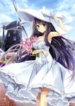 absurdres bare_shoulders blush day dress flower hagiwara_rin hand_on_headwear hat highres lace lace-trimmed_dress long_hair looking_at_viewer original purple_eyes purple_hair scan sky smile solo sparkle standing sun_hat sundress very_long_hair white_dress windmill 