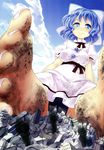  artist_request barefoot black_panties blue_eyes blue_hair bow destruction dirty_feet feet giantess highres mai_(touhou) panties pc98 pov_feet scan smile touhou touhou_(pc-98) underwear 