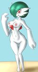  anthro barefoot blue_background breasts dark-moltres female gardevoir green_hair hair happy looking_at_viewer navel nintendo nipples nude open_mouth plain_background pok&#233;mon pok&eacute;mon pussy raised_arm red_eyes shadow shiny short_hair smile solo standing tongue video_games white_eyes white_skin 