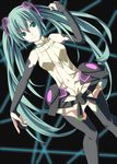  black_legwear breasts bridal_gauntlets colorized green_eyes green_hair hatsune_miku hatsune_miku_(append) highres hoshino_sora long_hair medium_breasts smile solo thighhighs twintails very_long_hair vocaloid vocaloid_append 