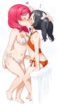  2girls ass bikini black_hair blush breast_press breasts butt_crack cutie_panther flat_ass holding_hands interlocked_fingers large_breasts love_live! love_live!_school_idol_project multiple_girls navel nishikino_maki orange_bikini randou red_eyes red_hair short_hair side-tie_bikini swimsuit twintails white_bikini yazawa_nico yuri 