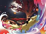  1girl autumn_leaves bad_id bad_pixiv_id brown_hair cape flute full_moon instrument japanese_clothes kimono kitsune long_hair moon multiple_tails music original pinwheel playing_instrument ponytail sandals tail tree yururi-ra 