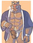  abs adios anthro balls biceps blush boar brown_fur clothing cum erection fundoshi fur humanoid_penis japanese_clothing kimono looking_at_viewer male mammal muscles nipples nude open_mouth pecs penis porcine solo the_farewelled underwear vein 