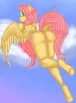  anthro anthrofied blue_eyes butt cloud crotchless cutie_mark equine female fluttershy_(mlp) friendship_is_magic fur green_eyes hair horse long_hair looking_at_viewer looking_back mammal misukitty mouthless my_little_pony nude outside pegasus pink_hair pony presenting presenting_hindquarters raised_tail sky solo sparkles wings yellow_fur 