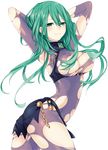  armpits arms_up ass blush bodysuit breasts chain cleavage contrapposto date_a_live gem green_eyes green_hair large_breasts long_hair natsumi_(date_a_live) novel_illustration smile solo standing torn_bodysuit torn_clothes transparent_background tsunako twisted_torso 
