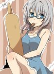  blue_dress blue_eyes cookie cookie_clicker dress food glasses grandma_(cookie_clicker) grey_hair mouth_hold pitsuuta rolling_pin solo younger 