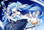  1girl bangs blue_background blue_dress blue_eyes blue_hair bunny cane dress floating_hair hago hatsune_miku long_hair musical_note one_eye_closed scepter snowflakes twintails very_long_hair vocaloid yuki_miku yukine_(vocaloid) 