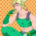  blonde_hair caesar_anthonio_zeppeli facial_mark feathers fingerless_gloves gloves hair_feathers headband hilo-c jojo_no_kimyou_na_bouken male_focus midriff solo 