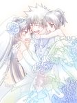  2girls bangs bridal_veil carrying dress elbow_gloves embarrassed family father_and_daughter from_behind gloves happy if_they_mated kamijou_touma kanzaki_kaori long_hair mother_and_daughter multiple_girls piggyback ponytail princess_carry short_hair spiked_hair to_aru_majutsu_no_index touryou tuxedo veil wedding wedding_dress 