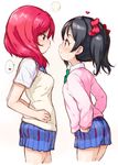  black_hair blush bow eye_contact hair_bow heart long_sleeves looking_at_another love_live! love_live!_school_idol_project multiple_girls nishikino_maki otonokizaka_school_uniform purple_eyes randou red_eyes red_hair school_uniform short_hair simple_background sketch skirt smile spoken_heart sweater twintails white_background yazawa_nico yuri 