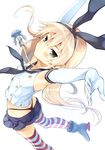  armpits arms_up ass blonde_hair elbow_gloves from_above gloves green_eyes kantai_collection komi_zumiko long_hair panties shimakaze_(kantai_collection) simple_background skirt solo thighhighs thong underwear white_background 