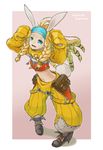  animal_ears ankle_boots antenna_hair baggy_pants belt_pouch blonde_hair blue_eyes boots braid bunny_ears bunny_tail crafting_shop_daughter_(monster_hunter) detached_sleeves flat_chest headband long_hair midriff monster_hunter monster_hunter_4 navel nokuran pants pigeon-toed pouch smile solo strapless suspenders tail tubetop twin_braids 
