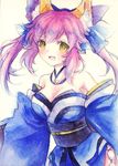  animal_ears bad_id bad_pixiv_id bare_shoulders bow breasts choker cleavage detached_sleeves fate/extra fate_(series) fox_ears fox_tail hair_bow hair_ribbon japanese_clothes large_breasts norino_moto obi pink_hair ribbon sash smile solo tail tamamo_(fate)_(all) tamamo_no_mae_(fate) traditional_media twintails watercolor_(medium) yellow_eyes 