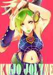  bad_id bad_pixiv_id black_hair braid cuffs double_bun green_hair green_lipstick handcuffs jojo_no_kimyou_na_bouken kuujou_jolyne lipstick makeup midriff multicolored_hair shichimi solo stone_ocean two-tone_hair 