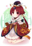  1girl apron bangs benienma_(fate/grand_order) blush brown_eyes brown_hair brown_hat brown_kimono closed_mouth commentary_request eyebrows_visible_through_hair fate/grand_order fate_(series) food full_body hat heart highres holding japanese_clothes kimono kneeling ko_yu long_hair long_sleeves low_ponytail no_shoes onigiri parted_bangs ponytail smile solo very_long_hair white_apron white_background white_legwear wide_sleeves 