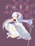  copyright_name greedlinn grey_eyes highres holding holding_sword holding_weapon left-handed long_hair myrtenaster ponytail purple_background rwby snowflakes solo sword weapon weiss_schnee white_hair 