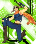  aviator_cap black_hair bomber_hat boots fingerless_gloves gloves goggles goggles_on_headwear green_eyes jojo_no_kimyou_na_bouken joseph_joestar_(young) male_focus midriff pointing rioka scarf solo 