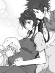  2girls breasts greyscale habit happy head_on_another's_stomach hetero holding_hands if_they_mated impossible_clothes index kamijou_touma kanzaki_kaori large_breasts long_hair monochrome multiple_girls nun ponytail pregnant short_hair spiked_hair to_aru_majutsu_no_index touryou 