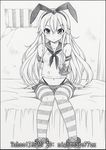  blush greyscale hair_ornament kantai_collection long_hair looking_at_viewer monochrome navel nightmare77zx shimakaze_(kantai_collection) solo striped striped_legwear thighhighs traditional_media 