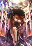  bad_id bad_pixiv_id banned_artist bare_shoulders breasts brown_eyes cleavage dragon's_crown dress hat highres large_breasts long_hair red_hair skeleton solo sorceress_(dragon's_crown) staff strapless strapless_dress witch_hat yazuwo 