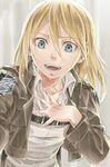  blonde_hair blue_eyes christa_renz emblem hair_between_eyes hand_on_own_chest jacket looking_down open_mouth paradis_military_uniform rain rinda shingeki_no_kyojin short_hair solo survey_corps_(emblem) wet wet_hair 