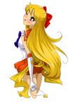  2013 aino_minako aryiane back_bow bishoujo_senshi_sailor_moon blonde_hair bow circlet dated hair_bow highres jewelry jewelry_removed lips long_hair looking_back miniskirt necklace necklace_removed one_eye_closed orange_sailor_collar orange_skirt red_bow sailor_collar sailor_senshi_uniform sailor_venus signature skirt solo transparent_background 