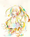  ahoge bow bowtie colored_pencil_(medium) fish flower full_body kei774 long_sleeves looking_at_viewer original red_bow red_neckwear ribbon short_hair simple_background sketch skirt solo standing traditional_media watercolor_(medium) yellow_background 