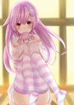  bare_shoulders character_doll choujigen_game_neptune_mk2 convenient_leg doll hair_ornament long_hair looking_at_viewer mikan_no_shiru nepgear neptune_(series) off-shoulder_sweater purple_eyes purple_hair ribbed_sweater solo striped striped_legwear sweater thighhighs 