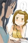  =_= akiyama_mio black_eyes black_hair blush_stickers brown_hair expressionless fukutarou_(enji127) hairband hand_on_own_cheek k-on! long_hair multiple_girls pencil profile short_hair tainaka_ritsu translated yuri 