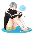  aymraaa blue_eyes blush copyright_name free! full_body grey_hair jacket male_focus male_swimwear mole mole_under_eye nitori_aiichirou shorts smile solo swim_trunks swimwear 